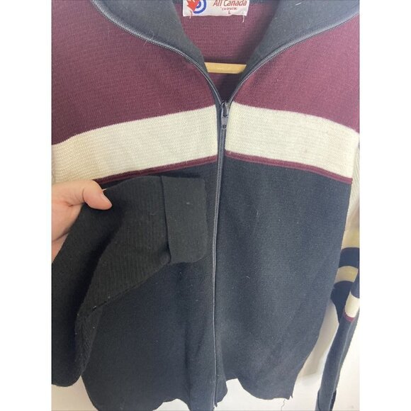 Vintage All Canada Men L Acrylic Curling Sweater Knit Zip Up Striped Cardigan - Picture 6 of 8